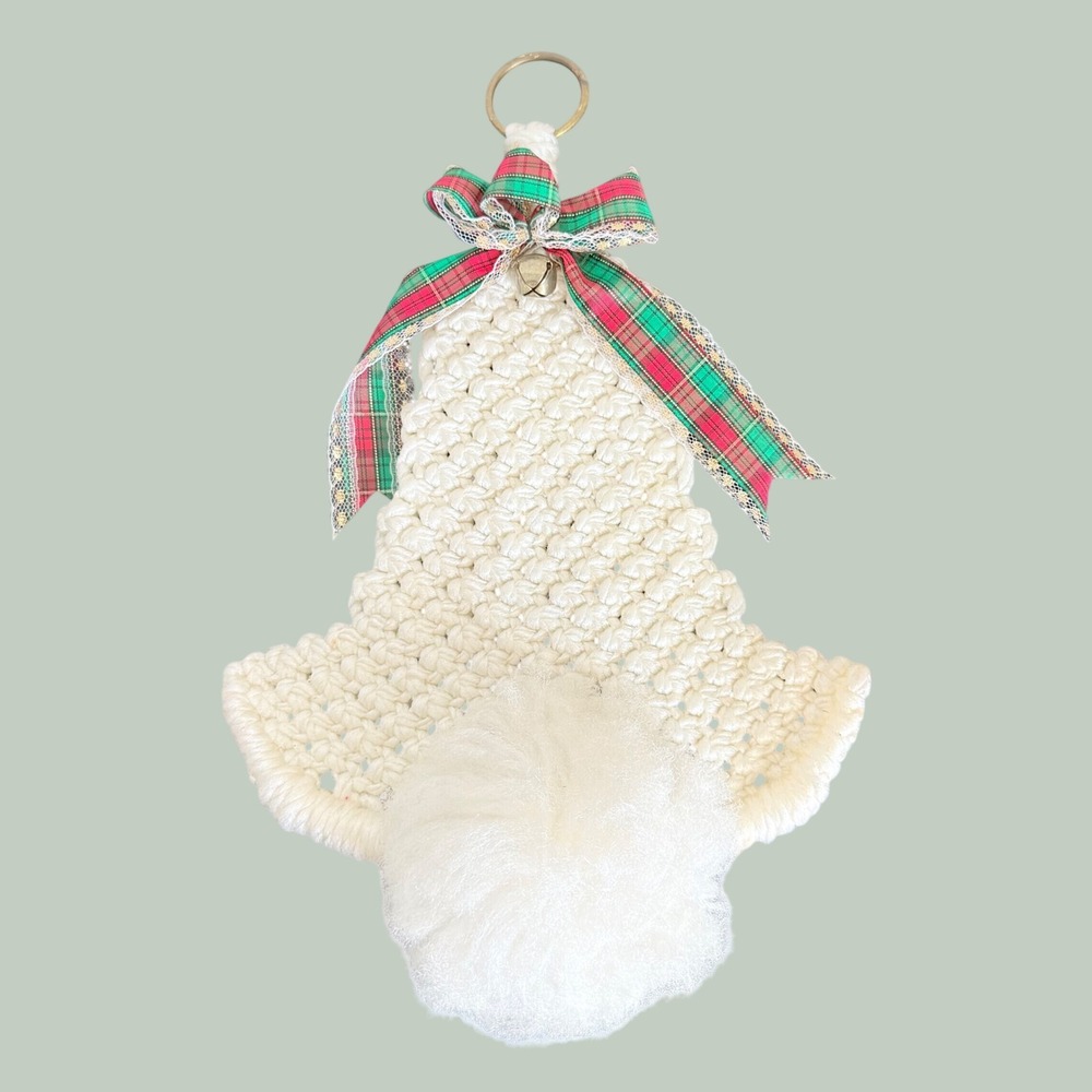 Macrame Christmas Tree Ornament OS Cream Plaid Bow Pom-Pom Boho